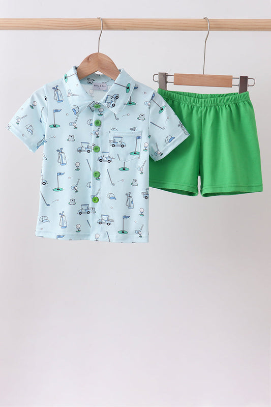 Green Golf Print Shorts Set