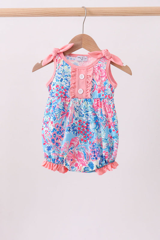 Pink Tropical Floral Print Ruffle Bow Bubble