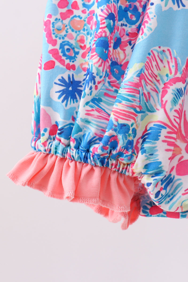 Pink Tropical Floral Print Ruffle Bow Bubble