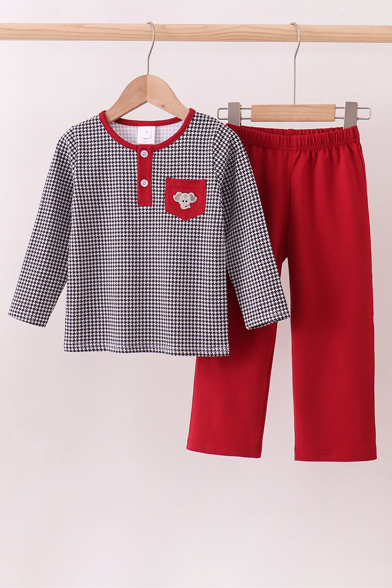 Premium Maroon Alabama Elephant Embroidery Gingham Pants Set