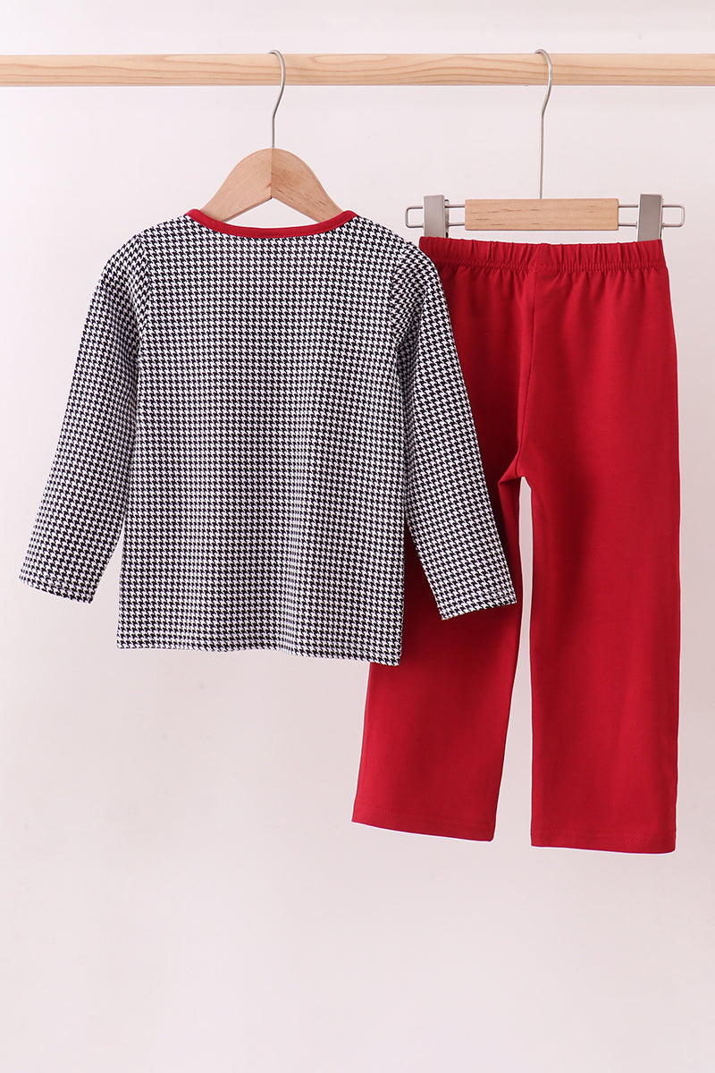 Premium Maroon Alabama Elephant Embroidery Gingham Pants Set