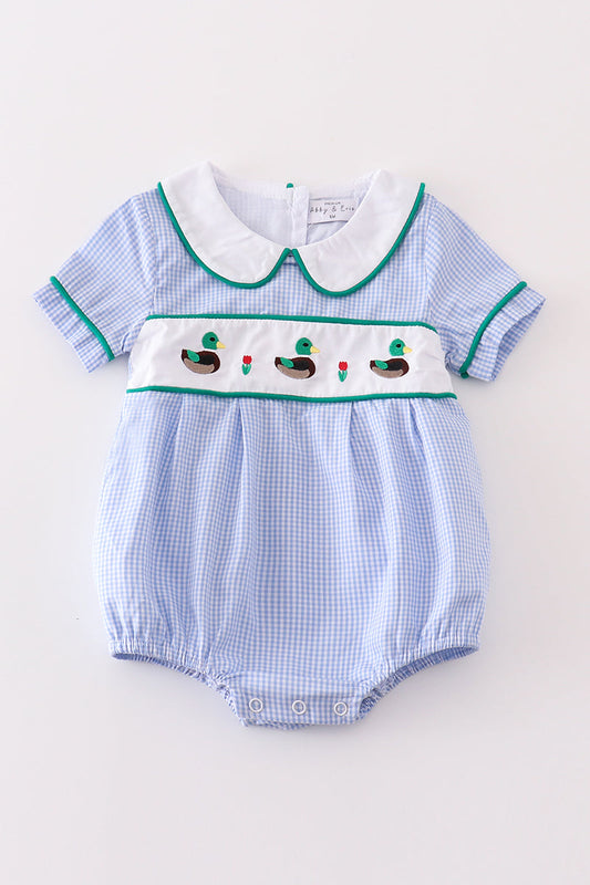 Premium Blue Duck Embroidery Boy Gingham Bubble
