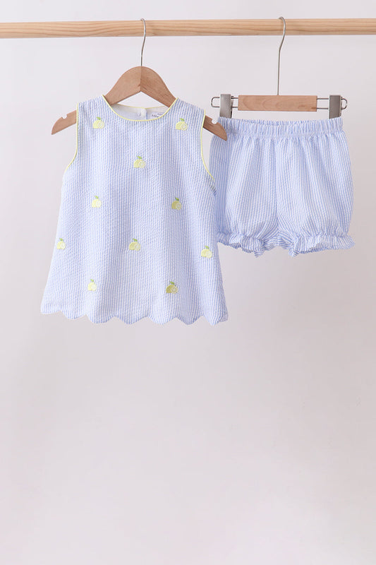 Blue Stripe Seersucker Lemon Embroidery Scalloped Bloomer Set