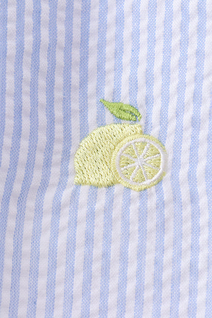 Blue Stripe Seersucker Lemon Embroidery Scalloped Bloomer Set