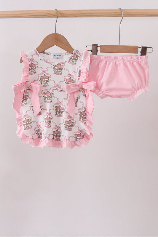 Pink Carousel Print Ruffle Bloomer Set