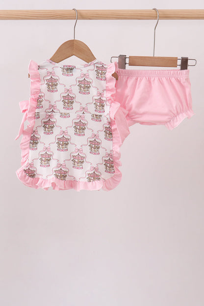 Pink Carousel Print Ruffle Bloomer Set